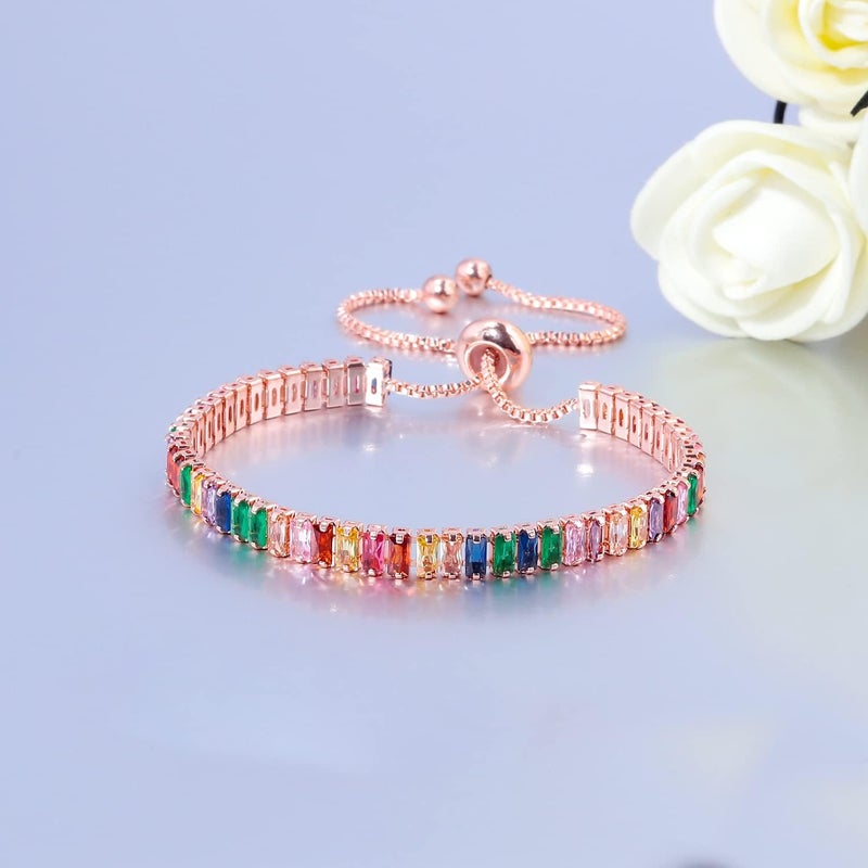 CiNily Adjustable Tennis Bracelets for Women Teen Girls Rainbow Cubic Zirconia Bracelet 14K White Gold Plated Hypoallergenic Slider Bracelet Jewelry Gift - Image 4